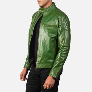 Chaqueta de Motocicleta para Hombre, Verde, de PU Ecológico, Teñida, con Cuello Alto, Cierre de Cremallera, Corte Ajustado, Largo Regular, para Invierno - Product Image 2