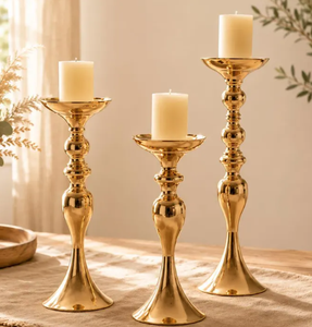 Wholesale <b>Set</b> of 3 Luxury Polished Gold Metal Pillar <b>Candle</b> Holders Modern Tall Brass Finish Candlestick Pedestal Stands for - Product Image 1