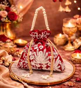 Elegant Light Blue Silk Potli Bag With Gold Beaded Embroidery Pearl Trim Handmade Evening Party Drawstring <b>Purse</b> - Product Image 3
