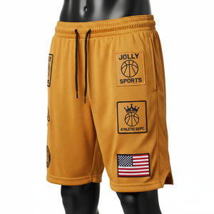 Short de basketball en molleton de coton premium 320 GSM jaune moutarde avec patch chenille et badge tissé, logo personnalisé - Product Image 4