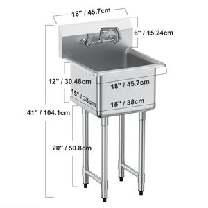 Lavello Commerciale da Cucina 18"x41" in Acciaio Inox a Compartimento Singolo con Rubinetto e Gambe, Lavello Piccolo Autoportante - Product Image 6