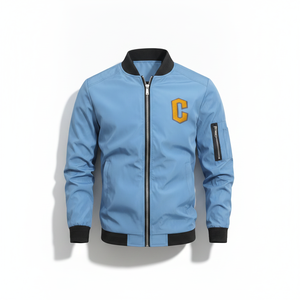 Chaqueta Bomber Azul Claro para Hombre con Bordado Amarillo en Forma de C, Cierre de Cremallera, Ropa Casual de Otoño - Product Image 1