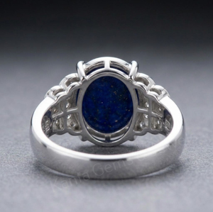 Anillo de Plata de Ley 925 con Piedra Preciosa de Lapislázuli de Forma Ovalada de 10x12 mm con Engaste de Diamantes, Joyería Clásica de Compromiso para Mujer - Product Image 3