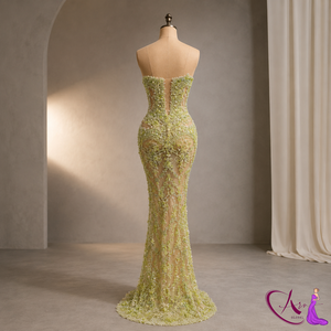 Vestido de noche largo hasta el suelo, bordado a mano, color verde oliva, estilo sirena |   Vestido de fiesta de diseñador sin tirantes con sujetador incorporado |   Formal - Product Image 2