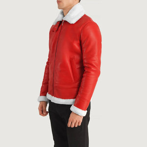 Blouson aviateur en cuir véritable rouge pour homme avec doublure en fausse fourrure, fermeture éclair, coupe ajustée, style motard d'hiver - Product Image 6