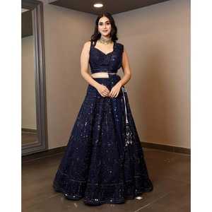 Designer Georgette Broderie Séquence Travail Lehenga Choli avec Dupatta Bleu Marine Style Indien et Pakistanais - Product Image 1