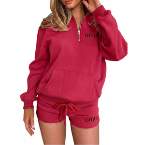 Ensemble polaire 2 pièces brodé Ohio pour femme – Sweat-shirt demi-zip avec poches et short décontracté coupe régulière – Hiver uni et écoresponsable - Product Image 1