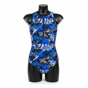 Maillot de bain en nylon et élasthanne de qualité supérieure, tissu extensible, bleu noir, imprimé intégral, fermeture éclair sur le devant, logo personnalisé, pour femme. - Product Image 1