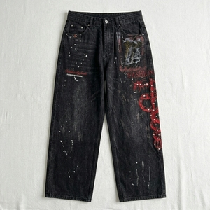 American-Style Men's Denim Pants Studded Diamonds High Street Print Tie Dye <b>Hip</b> Hop Winter Washed Distressed Loose-fitting Wide - Product Image 3