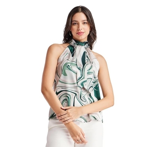 Top Casual para Mujer, Diseño sin Mangas con Cuello Halter, Detalle de Lazo y Estampado Floral, Tela Satén Suave para Ocasiones Festivas - Product Image 1