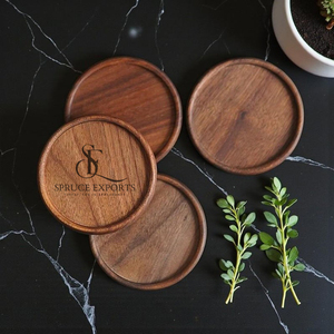 Premium Round Shape <b>Walnut</b> Wooden Coasters Set. Handcrafted Grooved Rim Cup Mats For <b>Coffee</b> Mugs & <b>Table</b> Protection - Product Image 2