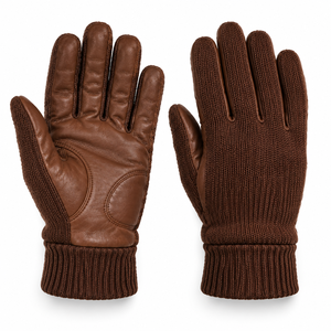 Premium Brown Winter Knitted <b>Gloves</b> PU Leather Palm Anti Slip <b>Thermal</b> <b>Gloves</b> Full Finger Warm <b>Gloves</b> for <b>Men</b> Women - Product Image 1