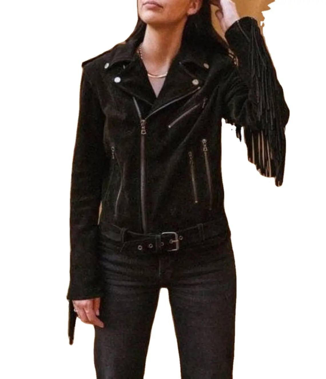 women Genuine Suede Leather Belted Fringe Jacket, Midwest Western Style Fringe , Cowboy Fringe Jacket,