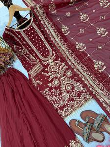 Ensemble Salwar Kameez pour femme, en fausse fourrure épaisse, avec dupatta et pantalon, séchage rapide, toutes saisons, Diwali - Product Image 5