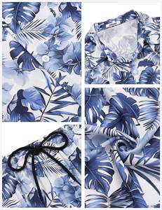 Conjunto de Camisa de Manga Corta con Botones y Pantalones Cortos a Juego con Estampado de Hojas Tropicales Monocromáticas para Hombre, Atuendo Ligero Informal de Verano - Product Image 4