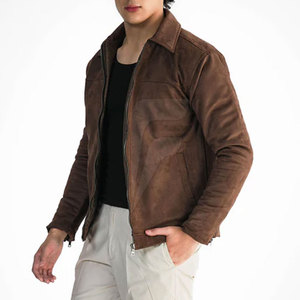 Men's Brown <b>Suede</b> Leather <b>Jacket</b> With Zipper Closure Turn-down Collar Casual Autumn Wear Slim Fit Regular Length - Product Image 3