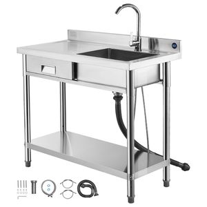 Lavello Commerciale in Acciaio Inossidabile per Cucina con Vasca Singola e Rubinetto a Cassetto per Acqua Calda e Fredda - Product Image 1