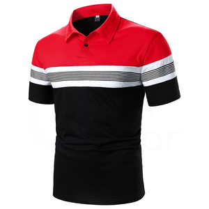 Polo de Manga Corta a Rayas para Hombre, Diseño Casual con Bloques de Color Negro y Rojo, Largo Regular - Product Image 1