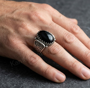 Anillo de Plata de Ley 925 con Baño de Rodio, con Gema de Ónix Negro Ovalado de 10x14mm, Estilo Vintage, Unisex, el Más Vendido, para Aniversario - Product Image 3