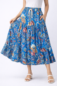 Boho Floral Print Layered Frill Midi <b>Skirt</b> for Women, <b>Elastic</b> Waistband Cotton Tiered Gadder <b>Skirt</b>, High Making Masterpiece - Product Image 4