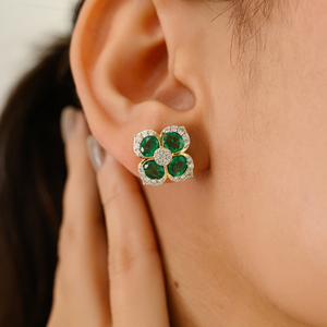 Exclusive Modernist Style Zambian Emerald & Diamond Flower Shape Big Stud Earrings For Wedding Bridesmaid Gifts 18K Yellow Gold - Product Image 6