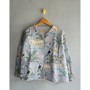 เสื้อแจ็คเก็ตบอมเบอร์ผ้าฝ้ายพิมพ์ลายแบบควิลท์  แบบสองด้านใส่ได้  เสื้อคลุมกันหนาวน้ำหนักเบาสำหรับผู้หญิง  เสื้อแจ็คเก็ตควิลท์ ของขวัญสำหรับเธอ - Product Image 1