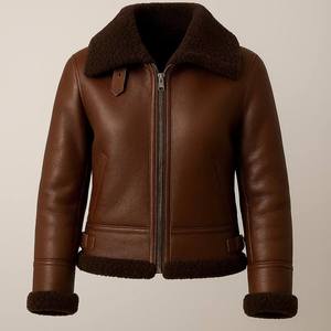 Women's Genuine Leather Bomber Jacket With Fur Lining <b>Zipper</b> Closure Winter Warm <b>Coat</b> Full Sleeve Solid Color New Style - Product Image 4