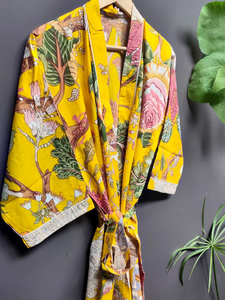 Bata Kimono de Algodón Suave con Estampado de Bloques y Dibujos Animados Naaz para Mujer, Camisón de Verano Hecho a Mano ODM con Cuello en V, Cintura Elástica y Largo hasta la Rodilla - Product Image 3
