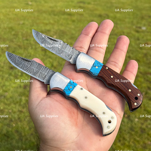UA Supplies Industrial Grade Damascus Steel Clip Point Folding Knife Straight Edge White Handle 6.5in Overall Length Hunting EDC - Product Image 5