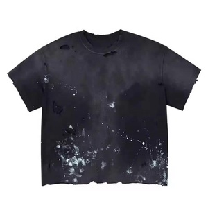 T-shirt noir surdimensionné pour homme, motif peint à la main, style streetwear, col rond, manches courtes, en coton tricoté - Product Image 1