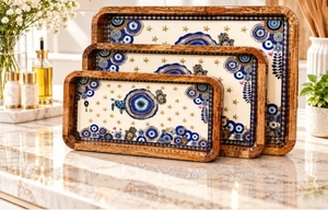 Plateau de service rectangulaire en bois avec poignées, motif nature morte moderne, ensemble multi-pièces, artisanat en bois pour la décoration de table et de mariage - Product Image 6