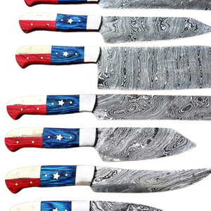 Ensemble de 8 couteaux de chef en acier Damas faits à la main avec manches étoilés rouge, bleu et blanc – Couteaux de cuisine professionnels pour la découpe - Product Image 5