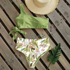 Conjunto de Bikini de Una Sola Pieza para Mujer, Estampado Floral, Parte Inferior de Cintura Alta, Top Bandeau Asimétrico, Traje de Baño de Spandex y Poliéster - Product Image 4