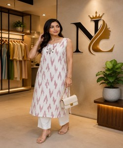 Women Cotton Kurta Set Print Work Traditional Ethnic Casual Party Wear Ready Made <b>Kurti</b> Indian Pakistani Clothing Quick Dry Sun - Product Image 1