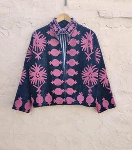 Bohemian <b>Navy</b> Velvet Embroidered Suzani Jacket With Floral Pattern Full Sleeve Stand Collar Handmade Bohemian <b>Women</b> <b>Winter</b> <b>Coat</b> - Product Image 1