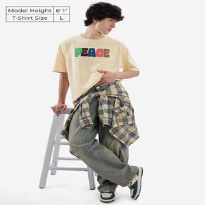 Camiseta de Hombre de Algodón Puro Lavado de Alta Calidad, Versión Retro Ancha con Mangas Caídas y Cuello Redondo, Top de Manga Corta - Product Image 2