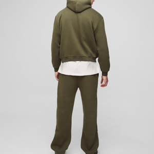 Ensemble survêtement décontracté pour homme, vert olive, sweat à capuche et pantalon assorti, couleur unie, manches longues, pantalon en coton mi-lourd - Product Image 3