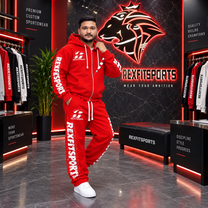 ชุดเซ็ตฮู้ดดี้ซิปสีแดงสำหรับผู้ชาย กางเกงวอร์มพิมพ์ลายกราฟิก สตรีทแวร์แทรคสูท รับผลิตแบบ OEM ODM ขายส่งชุดกีฬา - Product Image 4
