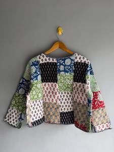 Floral Patchwork Quilted Cotton Jacket Women V Neck Three Quarter Sleeve Autumn Outerwear Casual Cardigan gift for her - Product Image 2