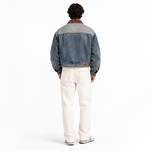 Veste en jean bleu délavé vintage pour homme, col en velours côtelé marron, jugulaire rayé, patch en cuir, boutons personnalisés, coupe classique, respirante - Product Image 2