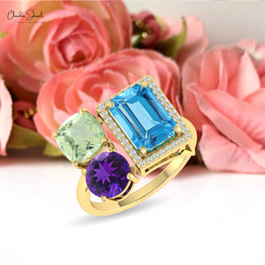Anillo de Cóctel Art Deco Hecho a Mano en Oro Sólido de 14k con Topacio Azul Suizo de Corte Octogonal de 10x7mm, Amatista Verde y Diamante, Anillo de Tres Piedras - Product Image 5