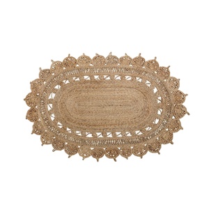 Handcrafted Boho Area Flat Woven Rug <b>Moroccan</b> Brown Natural Seagrass Cotton Oval Abstract for Living Room Natural Seagrass - Product Image 1