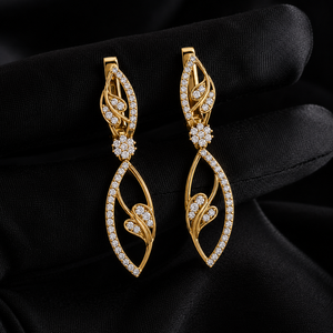 Boucles d'oreilles pendantes en or jaune 18 carats avec diamants de laboratoire ronds, style feuille florale pavée, qualité DEF VVS, fermoir russe, bijoux fins pour cadeau - Product Image 1