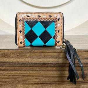 Mini porte-monnaie en cuir véritable usiné à la main pour femmes et porte-carte à glissière gland portefeuille en cuir à carreaux sac à main pour femmes à la mode - Product Image 5