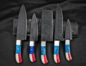 New Arrival Custom Handmade <b>Sharp</b> Chef <b>Knife</b> J2 Stainless Steel Powder Coated Hammered Blade 5-Piece Kitchen <b>Knives</b> <b>Set</b> W/Wood - Product Image 2
