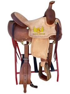 Silla de montar western de madera duradera de primera calidad, hecha a mano, de cuero natural rugoso y suave, con herrajes de latón niquelado, para espectáculos ecuestres y carreras de barriles. - Product Image 4
