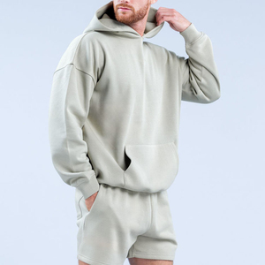 Conjunto de Sudadera con Capucha y Pantalones Cortos de Felpa para Hombre, Diseño de Paneles en Contraste de Dos Tonos, Bloques de Color, Algodón Extra Duradero, Tejido de Verano - Product Image 1