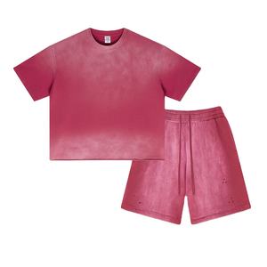 Ensemble deux pièces tendance pour homme, été, coton, délavé à l'acide, effet soleil, t-shirt et short respirants, ensemble décontracté - Product Image 1