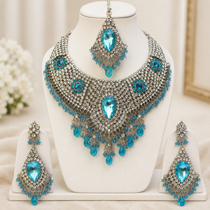 Vintage Antique Silver Plated Crystal Jewelry Set Necklace Earrings Pear Cut Rhinestone Women's Wedding Bridal Style - Product Image 1