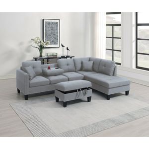 Set di Divani Componibili in Lino Grigio Tortora 3 Pezzi con Chaise Longue LAF RAF, Pouf Contenitore e Portabicchieri - Product Image 1